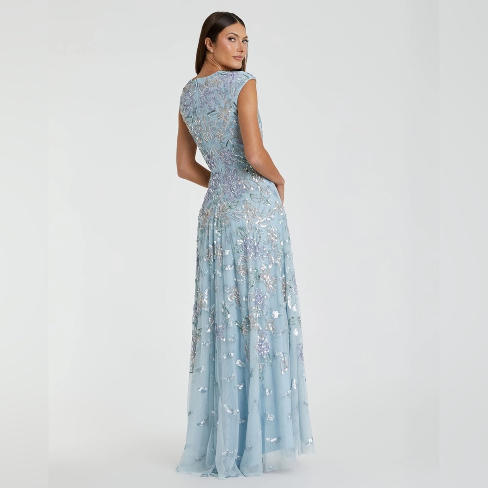 NWT $698 MAC DUGGAL Sequined High Neck Cap Sleeve A Line Gown dress blue 5647 - Picture 3 of 3